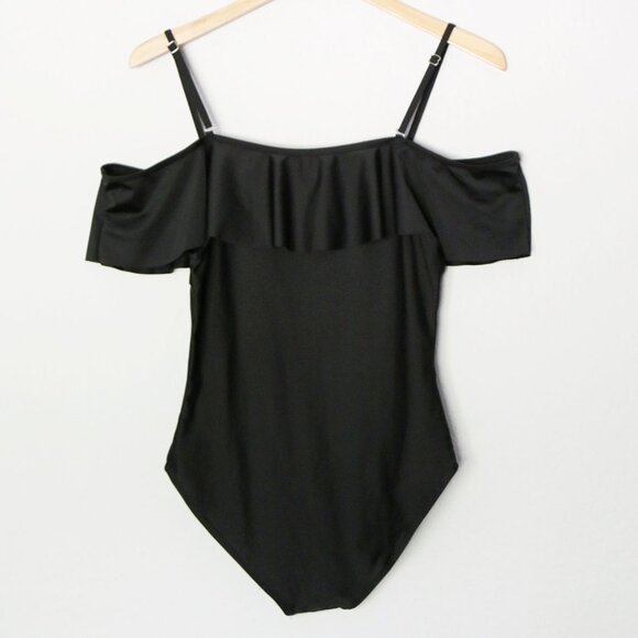 Black Off The Shoulder or Strapless Ruffle One Piece Swimsuit S Padded Modest - Picture 3 of 11